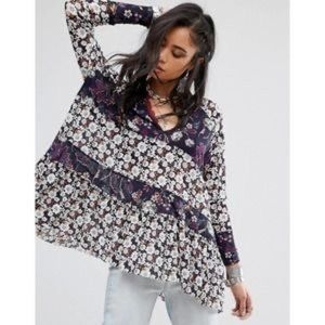 Free People Isabella Long Sleeve Floral Tunic Purple Size Small Tiered L105